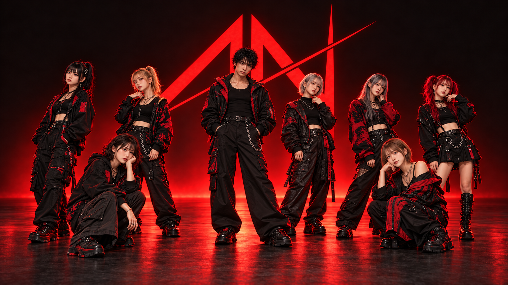 赤いロゴを背に、黒と赤の衣装で集まったAlternative-Neoの8人